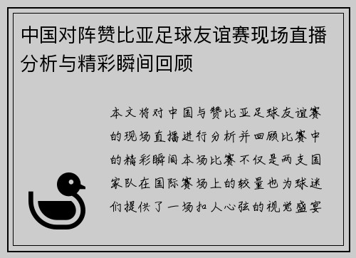 中国对阵赞比亚足球友谊赛现场直播分析与精彩瞬间回顾